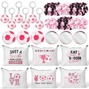 Yopyame Pink Soccer Party Favors - 30pcs Pink Soccer Gifts for Team Girls Sports Accessories with 6 Makeup Bags 12 Sport Hair Scrunchies 6 Key Chains 6 Round Portable Brush Mirror for Coach Team Party
