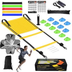 Speed Agility Training Equipment Set, Agility Ladder 20ft, 12 Football Cones, Resistance Running Parachute, Jump Rope, 5 Resistance Bands, Football Soccer Basketball Fitness Drills for Kids Adults