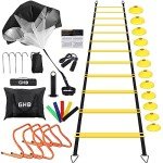 GHB Agility Ladder,Football Training Equipment Set,4 Agility Hurdles, 20 feet12 Rungs Speed Ladder,12 Disc Cones,Resistance Parachute, Jump Rope, 4 Resistance Bands (Yellow)