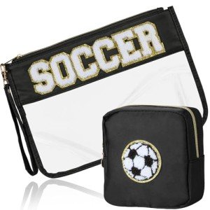 BuyCard 2 Pcs Soccer Gifts Makeup Bag with Chenille Letter Patch, Clear Cosmetic Pouch PVC Organizer Purse, Waterproof Travel Bag, Portable Toiletry Storage Bag for Her Girls Friends Women
