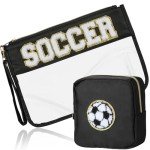 BuyCard 2 Pcs Soccer Gifts Makeup Bag with Chenille Letter Patch, Clear Cosmetic Pouch PVC Organizer Purse, Waterproof Travel Bag, Portable Toiletry Storage Bag for Her Girls Friends Women