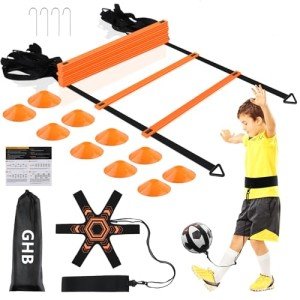 GHB Pro Agility Ladder Soccer Kick Trainer Set 20ft 12 Rung 10 Cones and 4 Stakes Speed Agility Football Training Equipment with Carrying Bag (Orange)