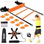 GHB Pro Agility Ladder Soccer Kick Trainer Set 20ft 12 Rung 10 Cones and 4 Stakes Speed Agility Football Training Equipment with Carrying Bag (Orange)