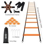 GHB Pro Agility Ladder Soccer Kick Trainer Set 20ft 12 Rung 10 Cones and 4 Stakes Speed Agility Football Training Equipment with Carrying Bag (Orange)