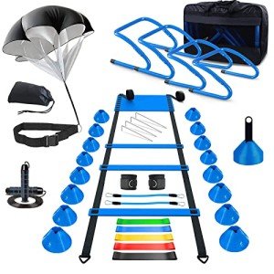 Haootadiy Agility Training Equipment, Football Training Equipment Includes 20FT Agility Ladder,4 Adjustable Agility Hurdles, 12 Football Cones, Parachute, for Training Soccer Basketball Athletes(Blue)