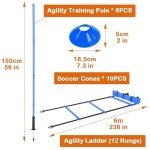 Soccer Training Equipment Agility Training Poles Equipment Includes 6 Flexible Agility Poles, 1*Speed Agility Ladder, 10*Soccer Cones for Speed Training, Soccer Training, Basketball Athletes (Blue)