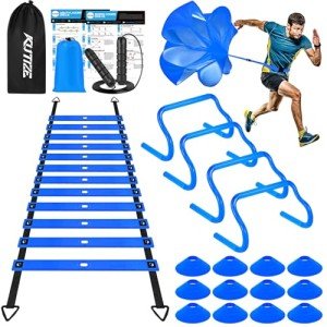 Agility Training Equipment, Soccer Training Equipment, Agility Speed Training Set for Kid Youth Adults, 20FT Agility Ladder, 4 Hurdles,12 Soccer Cones, Jump Rope, Running Parachute, Drill Charts