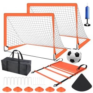 Amoise 4x3FT Portable Soccer Goal 2 Pack, Kids Soccer Goals for Backyard Set, Training Equipment with Soccer Ball, Agility Ladder, Cones Pop Up Portable Soccer for Kids Youth Training Goals(Orange)