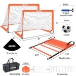 Amoise 4x3FT Portable Soccer Goal 2 Pack, Kids Soccer Goals for Backyard Set, Training Equipment with Soccer Ball, Agility Ladder, Cones Pop Up Portable Soccer for Kids Youth Training Goals(Orange)