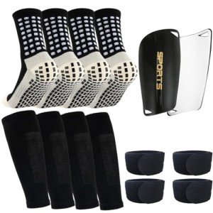 Ukontagood 2 Pairs Mens Grip Soccer Socks, 2 Pairs Shin Sleeves with 1 Pack Shin Guards and 4 Straps, Soccer Football Game Set 9 Pcs (Black)