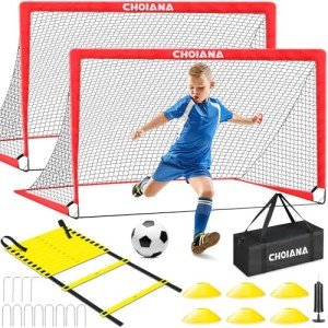 Choiana Kids Soccer Goals for Backyard Set of 2, 6x4 ft Portable Soccer Goal Training Equipment, Soccer Net w/Soccer Ball, Agility Ladder & Cones, Soccer Nets for Kids Youth Outdoor Sports Games Play