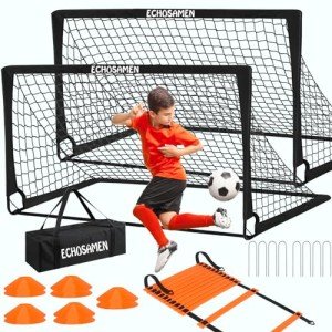 ECHOSAMEN Kids Soccer Goals for Backyard, 2 of 6 x 4 ft Kids Soccer Goal Set Soccer Net with 10 Soccer Cones, Agility Ladder & Carry Bag, Portable Soccer Training Equipment.