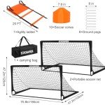 ECHOSAMEN Kids Soccer Goals for Backyard, 2 of 6 x 4 ft Kids Soccer Goal Set Soccer Net with 10 Soccer Cones, Agility Ladder & Carry Bag, Portable Soccer Training Equipment.