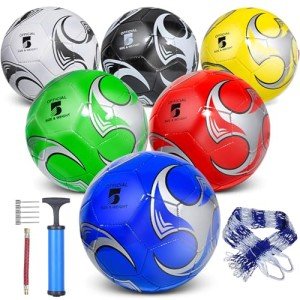 DHYLRICHER 6 Pack Size 5 Soccer Balls for Training & Matches – Official Size & Weight, Includes Carry Net, Needles, Air Pump – Ideal for Adult Players(Size 5)