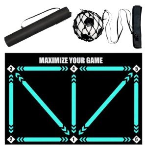 Doskona Football Footstep Training Mat, Soccer Training Mat 35 * 24IN, Soccer Skills Training Equipment with Storage Bag and Soccer Return Trainer Net (Black-Blue)