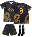 LeenBD Kylian No #9 Madrid Special Gold Dragon Edition Kids Soccer Jersey Shirts Football Futbol Socks Set Youth Sizes (Black, 26 (8_9 Years Old))