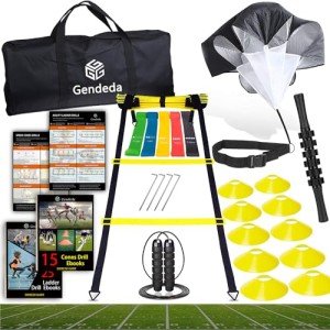 Gendeda Speed Agility Training Set, Includes Agility Ladder, Resistance Parachute, Jump Rope,5 Resistance Bands, Muscle Roller Stick and 10 Cones, Speed Training Equipment for Soccer Football (Yellow)
