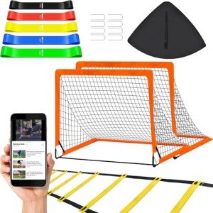 Soccer Goals for Backyard, Portable Soccer Goal, Football Practice, Soccer Training Equipment for Young (4'x 3' Goal*2, Resistance Bands Set*1, 20FT & 12 Rungs Agility Ladder*1)