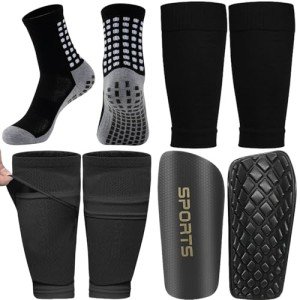 KMOLY Men's Grip Soccer Socks, Shin Guards,2 Pair Shin Sleeves, 1 Pair Sleeves with Optimized lnsert Pocket Soccer Football Equipment Set for Men Women