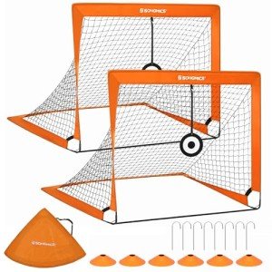SONGMICS Kids Soccer Goals for Backyard, 4x3 ft Portable Soccer Nets Training Equipment, with Targets and Training Cones, Toddler Soccer Goal with Carrying Bag, for Field, Orange USZQ422O01