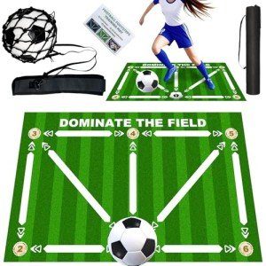 Doskona Football Footstep Training Mat, Soccer Training Mat 35 * 24IN, Soccer Skills Training Equipment with Storage Bag and Soccer Return Trainer Net (Green-White)