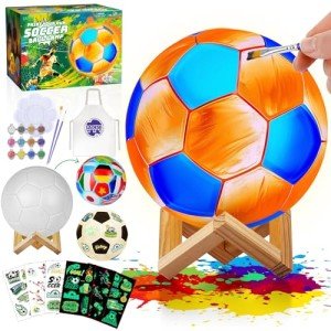 LAOESE Paint Your Own Soccer Ball Lamp Kit, DIY 3D Night Light with Soccer Stickers & Wooden Stand, Art Supplies Creativity Arts & Crafts Kit for Kids, Birthday Easter Gifts for Boys