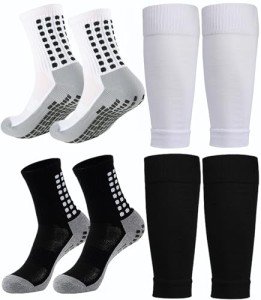 2 Set Soccer Grip Socks,Shin Guard Sleeves for Football Basketball for Men and Women One Size (2 Set (Black+White))
