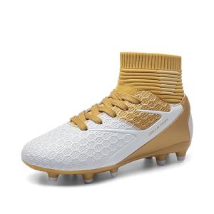 DREAM PAIRS Boys Girls Soccer Cleats Youth Firm Groud Outdoor Sport Athletic High Top Football Shoes for Little/Big Kid,Size 13 Little Kid,Gold/White,HZ19002K