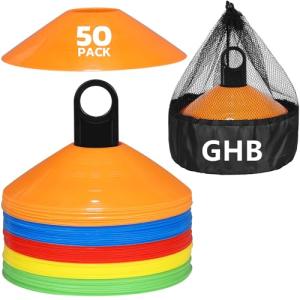 GHB Soccer Cones 25/50/100 Pack Disc Soccer Sport Cones Training Field Marker Agility Cones for Traffic, Basketball, Coaching, Practice Equipment Includes Cone Drills Guide (50Pcs Multicolor)