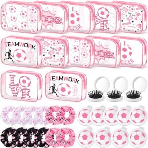 Sunnymove 36 Pcs Pink Soccer Gifts for Girl 12 Pink Soccer Makeup Bag Bulk Cosmetic Bag Sport Team Gifts with 12 Sport Hair Scrunchies 12 Round Portable Folding Brush for Coach Team Soccer Party