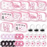 Sunnymove 36 Pcs Pink Soccer Gifts for Girl 12 Pink Soccer Makeup Bag Bulk Cosmetic Bag Sport Team Gifts with 12 Sport Hair Scrunchies 12 Round Portable Folding Brush for Coach Team Soccer Party