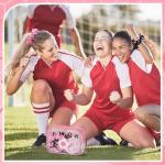 Sunnymove 36 Pcs Pink Soccer Gifts for Girl 12 Pink Soccer Makeup Bag Bulk Cosmetic Bag Sport Team Gifts with 12 Sport Hair Scrunchies 12 Round Portable Folding Brush for Coach Team Soccer Party