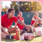 Sunnymove 36 Pcs Pink Soccer Gifts for Girl 12 Pink Soccer Makeup Bag Bulk Cosmetic Bag Sport Team Gifts with 12 Sport Hair Scrunchies 12 Round Portable Folding Brush for Coach Team Soccer Party