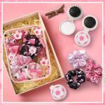 Sunnymove 36 Pcs Pink Soccer Gifts for Girl 12 Pink Soccer Makeup Bag Bulk Cosmetic Bag Sport Team Gifts with 12 Sport Hair Scrunchies 12 Round Portable Folding Brush for Coach Team Soccer Party