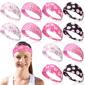 12 Pcs Pink Soccer Headbands Gifts Pink Soccer Hair Accessories Cooling Headbands for Women October Football Team Gift Bulk Elastic Soft Non Slip Hair Bands Warp for Daily Workout Yoga Running Sports