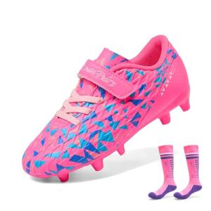 DREAM PAIRS Boys Girls Soccer Cleats Kids Football Shoes for Little/Big Kid SDSO2307K,Size 9 Toddler,Hot Pink/Royal Blue/Sock