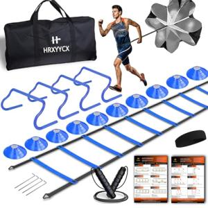 HRXYYCX Agility Ladder Speed Training Equipment Set-20ft Agility Ladder 4 Adjustable Hurdles Running Parachute Jump Rope Speed Training Equipment for Soccer Football Basketball