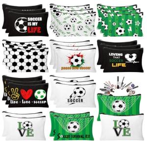 HSDSH 30Pcs Soccer Makeup Bag Soccer Gifts for Women Canvas Cosmetic Bags with Zipper Travel Toiletry Pouch Accessories for Women Football Lover Players Team Gifts