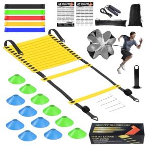 Speed Agility Training Equipment Set, Agility Ladder 20ft, 12 Football Cones, Resistance Running Parachute, Jump Rope, 5 Resistance Bands, Football Soccer Basketball Fitness Drills for Kids Adults