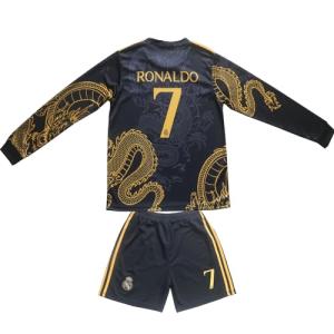 CEKFAX Madrid #7 Special Gold Black Dragon Edition Long Sleeve Football Soccer Kids Jersey Shorts Set Youth Sizes (Black, 30 (12-13 Years Old))