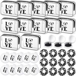 Yungyan 36 Pcs Soccer Gifts 12 Soccer Makeup Bag for Women Party Favors Team Gifts with 12 Sport Hair Scrunchies 12 Round Portable Folding Brush