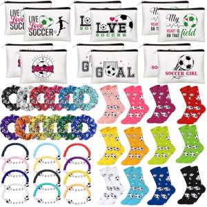 Baderke 48 Pcs Soccer Team Gifts 12 Pcs Make up Bags 12 Novelty Ball Socks 12 Scrunchie Hair Ties 12 Soccer Bracelet Accessories Gifts for Birthday Sport Party Favor