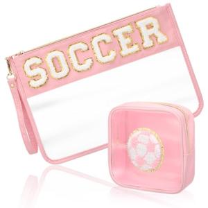 Sunnymove 2 Pcs Pink Soccer Cosmetic Bag Gifts with Chenille Letter Patch Clear Makeup Pouch PVC Toiletry Zipper Travel Pouch Waterproof Portable Storage Bag for Her Girls Women Players Team