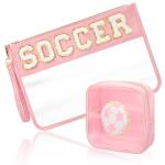 Sunnymove 2 Pcs Pink Soccer Cosmetic Bag Gifts with Chenille Letter Patch Clear Makeup Pouch PVC Toiletry Zipper Travel Pouch Waterproof Portable Storage Bag for Her Girls Women Players Team