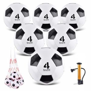 6 Pack Classic deflated Soccer Balls Size 4 with Pump and Mesh Bag for Indoor Outdoor Lawn Game Training Practice Bulk Sport Gift for Teens Adults, Black, Size 4