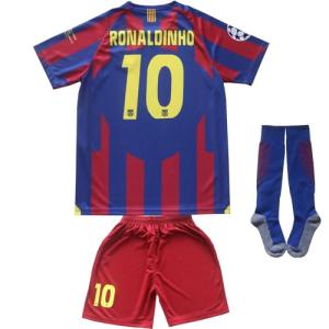 ORGBRAIN Barcelona Home Ronaldinho #10 Vintage 2005 Limited Edition Soccer Kids Jersey Shorts Socks Youth Sizes (Red, 30)
