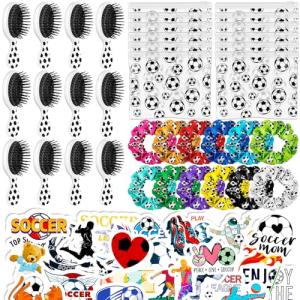 Soccer Party Favors Set Hair Accessories with 12 Soccer Mini Detangler Brush, Satin Soccer Scrunchies Hair Ties,Soccer Makeup Bags and Stickers Soccer Birthday Party Decoration for Sports Team Gifts