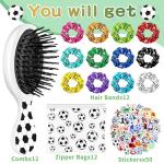 Soccer Party Favors Set Hair Accessories with 12 Soccer Mini Detangler Brush, Satin Soccer Scrunchies Hair Ties,Soccer Makeup Bags and Stickers Soccer Birthday Party Decoration for Sports Team Gifts
