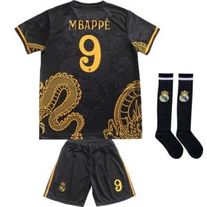 LeenBD Mbappe No #9 Madrid Special Gold Dragon Edition Kids Soccer Jersey Shirts Football Futbol Socks Set Youth Sizes (Black, 24 (6_7 Years Old))..