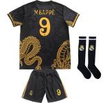 LeenBD Mbappe No #9 Madrid Special Gold Dragon Edition Kids Soccer Jersey Shirts Football Futbol Socks Set Youth Sizes (Black, 24 (6_7 Years Old))..